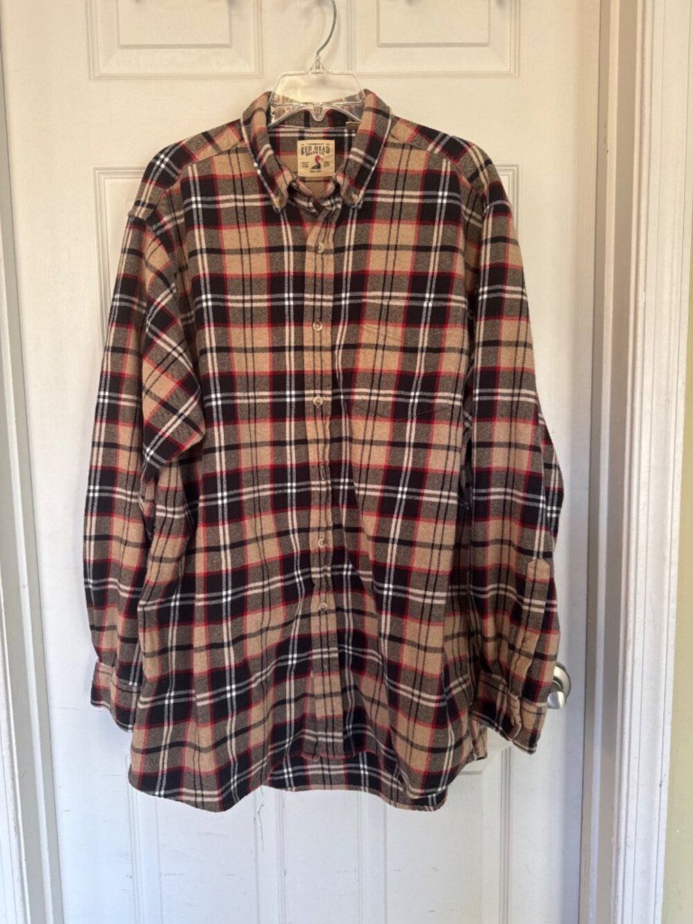 Red Head Tan Plaid Button Flannel Outdoor Rustic Woods Shirt Lumberjack XL Tall